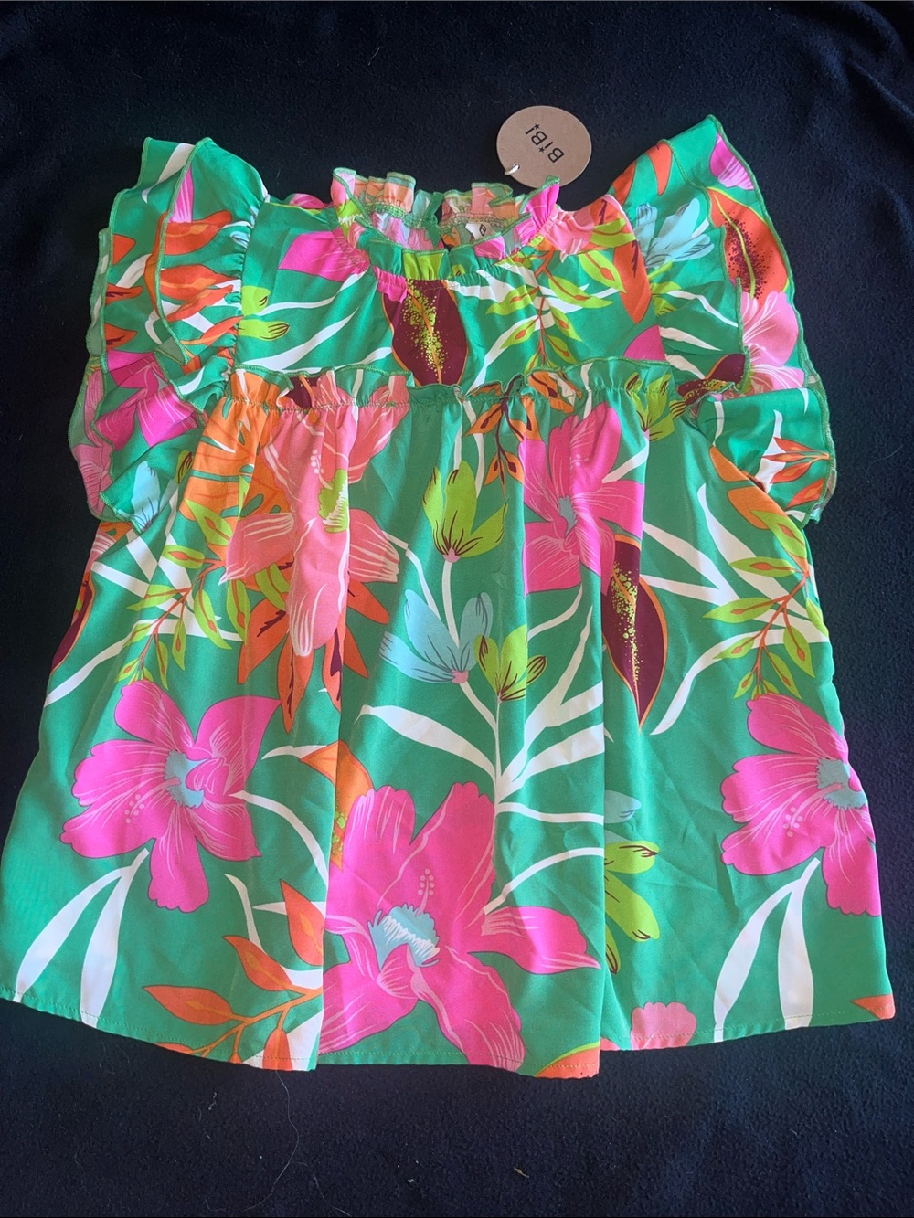 BiBi Green Floral Flutter Sleeve Tee with Pink & Orange Blooms